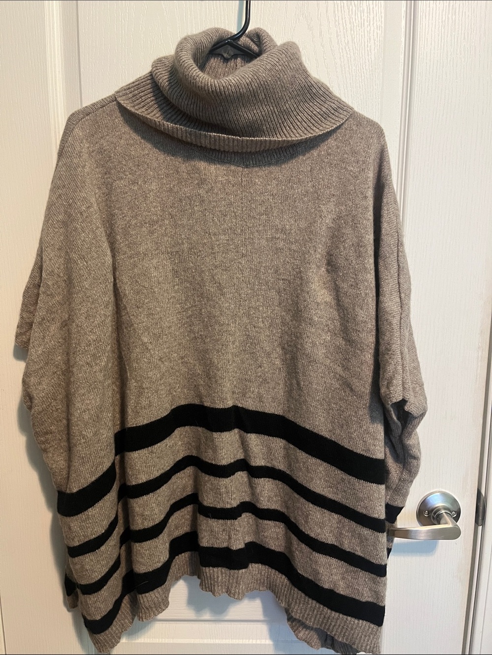 Tahari Taupe Cowlneck Poncho Sweater with Black Stripes